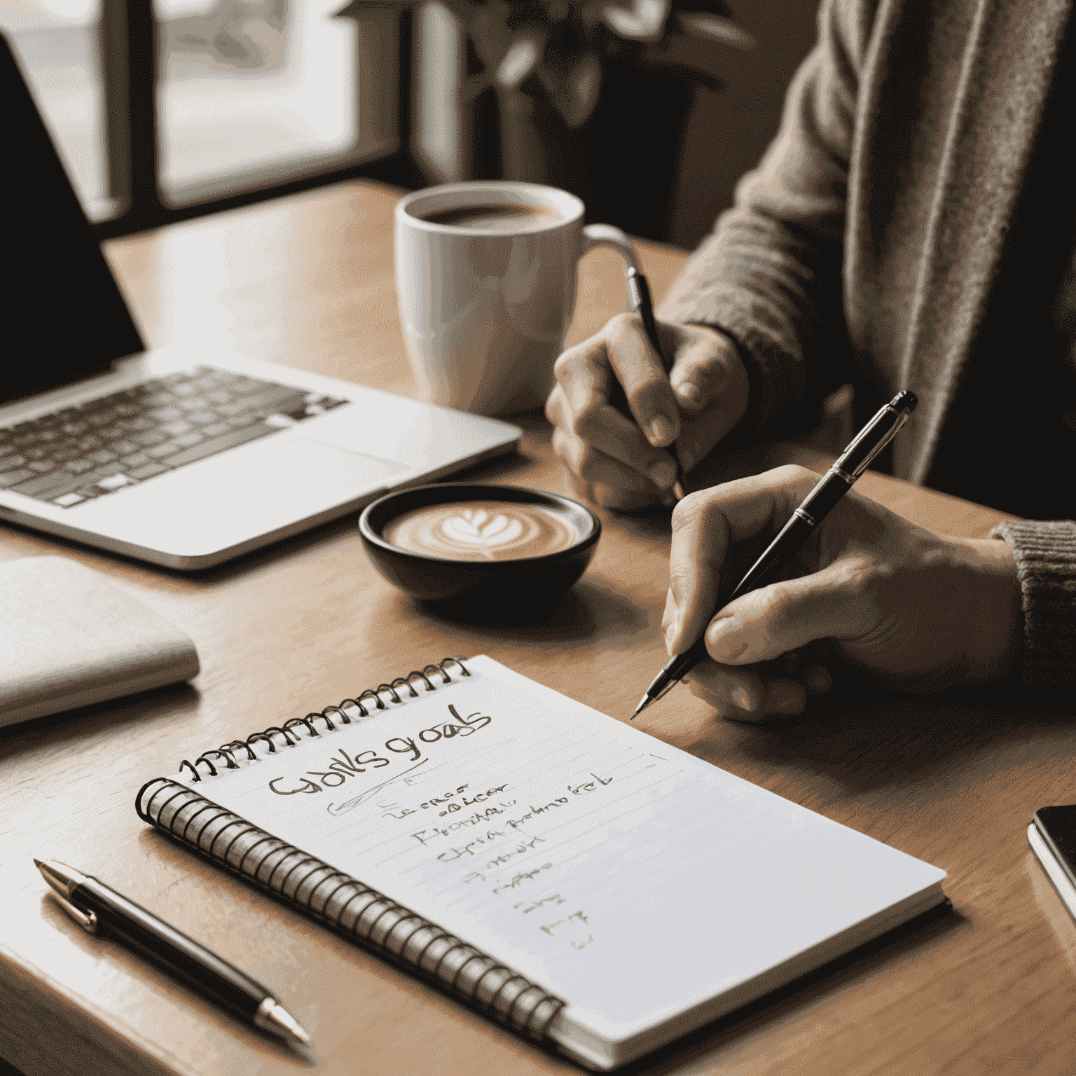 A person writing down goals in a notebook, with a pen and coffee mug on a desk