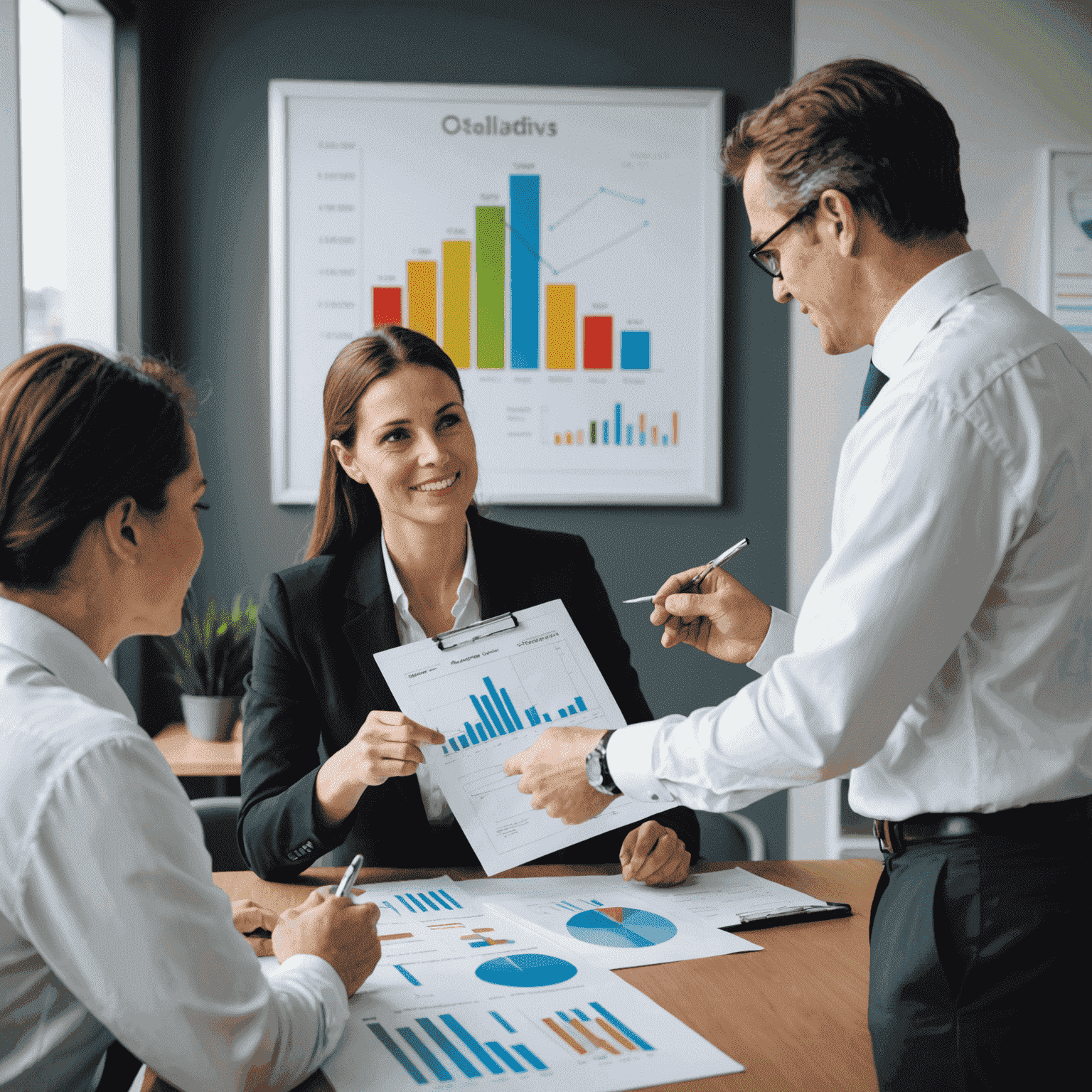 A consultant meeting with a client in an office setting, discussing strategies and plans to achieve the client's goals. The consultant is pointing at a chart showing positive growth.