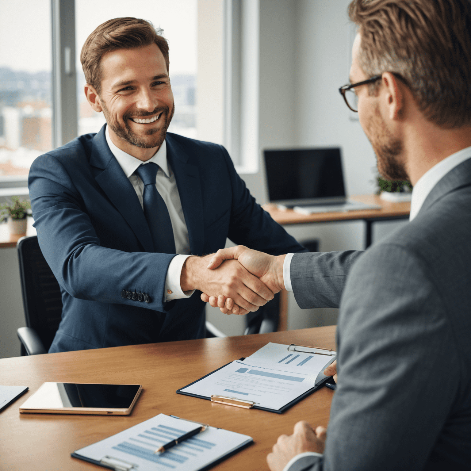 Smiling man in business attire shaking hands with consultant, representing successful achievement of financial goals through gold portfolio