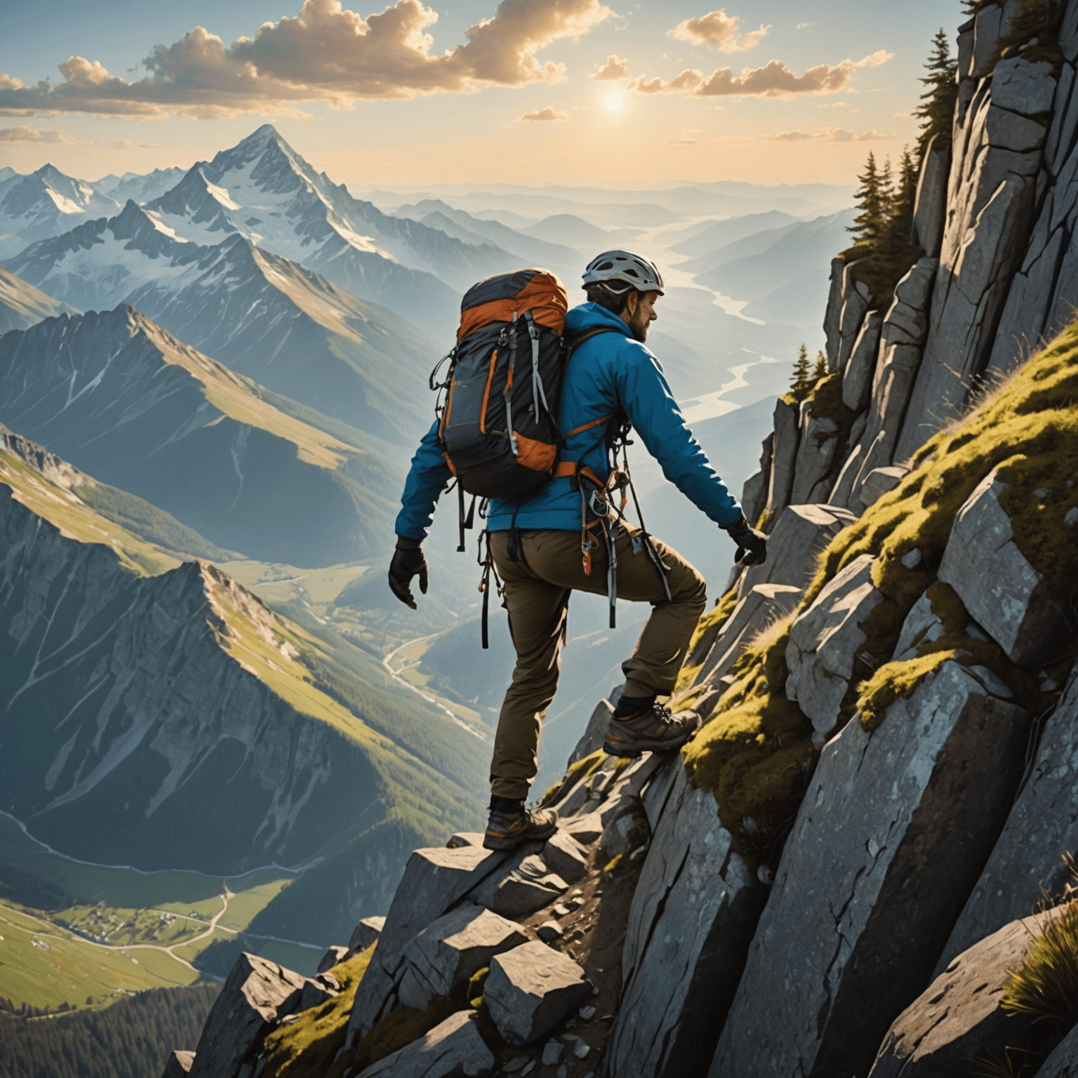 A person climbing a steep mountain, symbolizing overcoming challenges to reach their goals at the summit