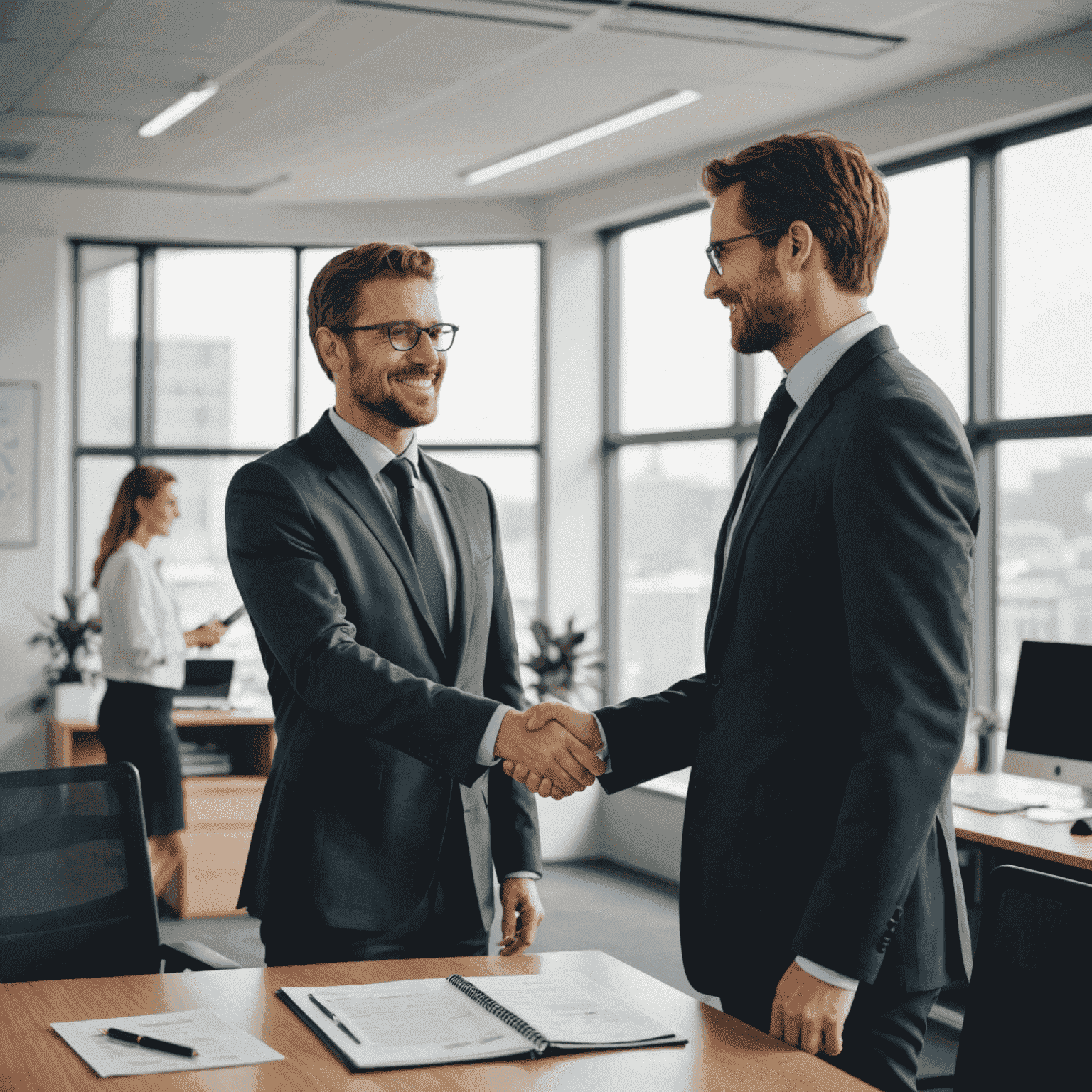 Two business people shaking hands in an office