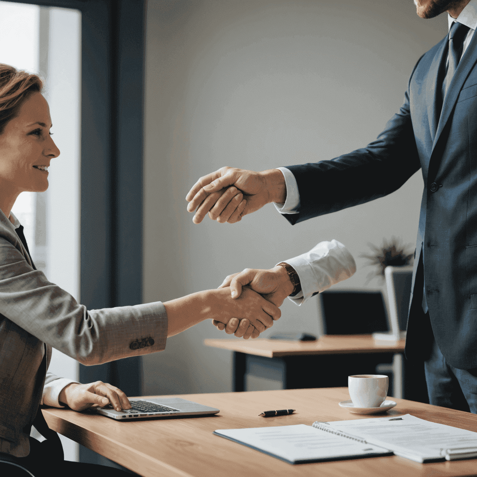 Two people in business attire shaking hands across a desk, symbolizing a partnership between consultant and client