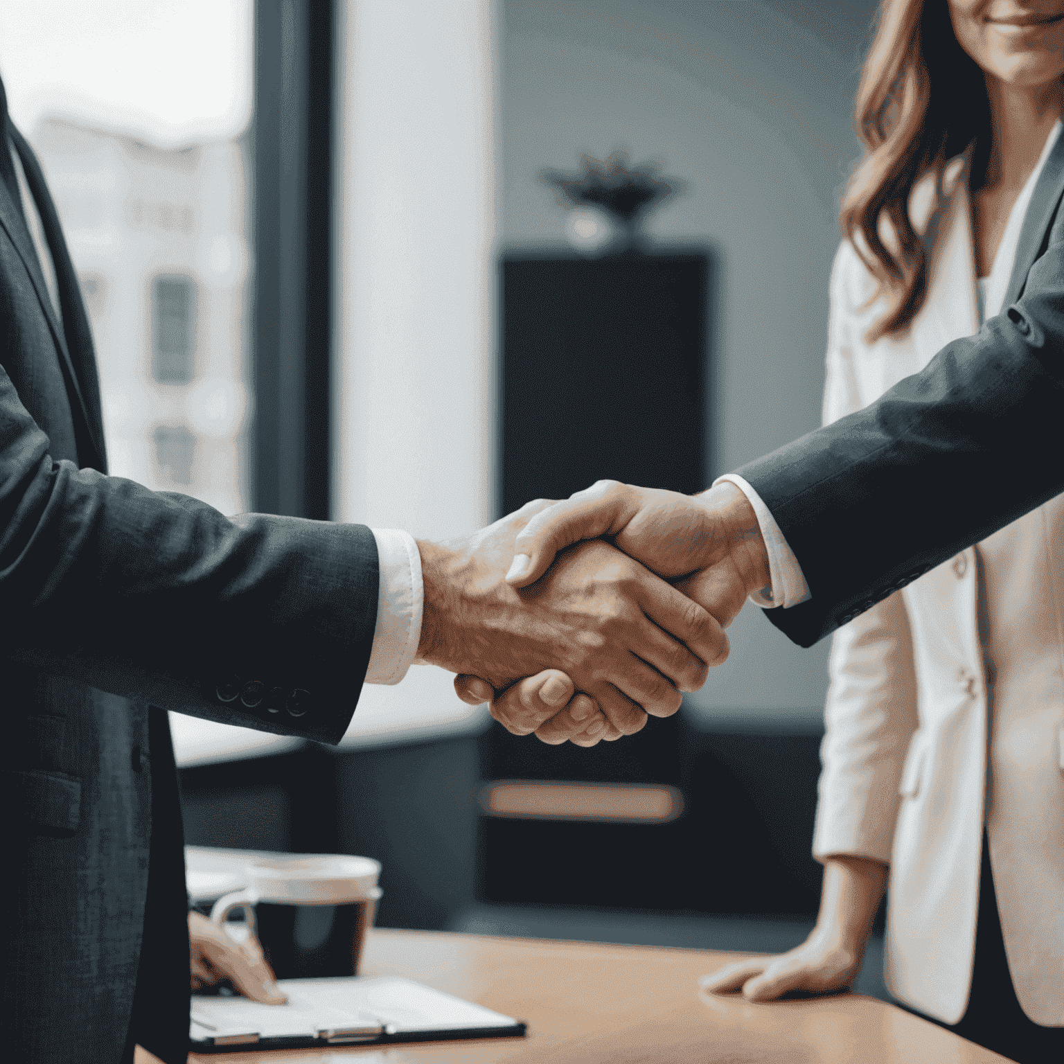 Two people shaking hands, representing the partnership between a consultant and client.