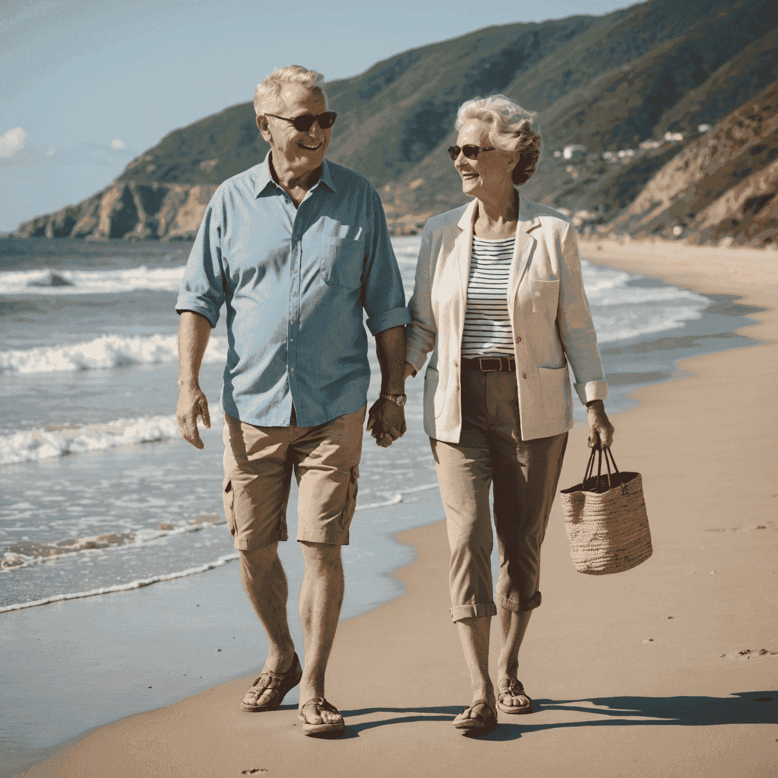 Happy retired couple enjoying a walk on the beach, representing financial security and achieving retirement goals through gold savings