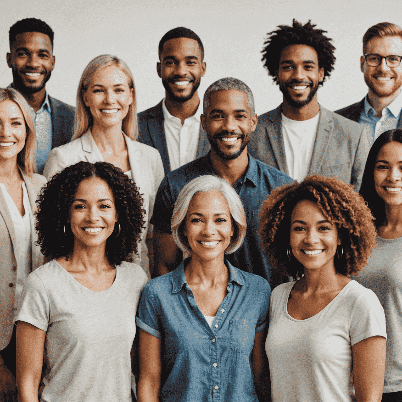 A group of smiling diverse people standing together, representing successful clients