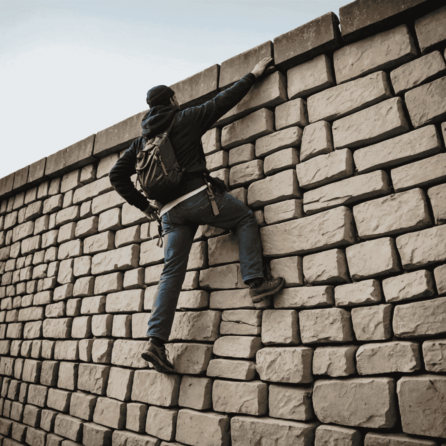 A person climbing over a wall, symbolizing overcoming obstacles to achieve goals.